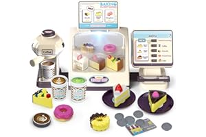 KalaDuck Juego Infantil Cafetera con Luz y Sonido, Tienda de Postres con Juguete Caja Registradora, Comida y Jugar al Dinero, Máquina de Café de Juguete Tienda de Juegos para Niños 3+