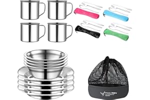 ‎TAN REN TAN REN Campingbesteck Set 4 Personen, 24 Teiliges Camping Geschirr Set Edelstahl, Picknick Camping Besteck Set, Outdoor Reisebesteck aus Edelstahl mit Messer, Gabel, Löffel für Reisen, Wandern