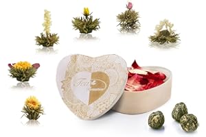 ‎CREANO Creano Herbata kwitnąca 6 kwiatów herbaty w drewnianym pudełku w kształcie serca - biała herbata