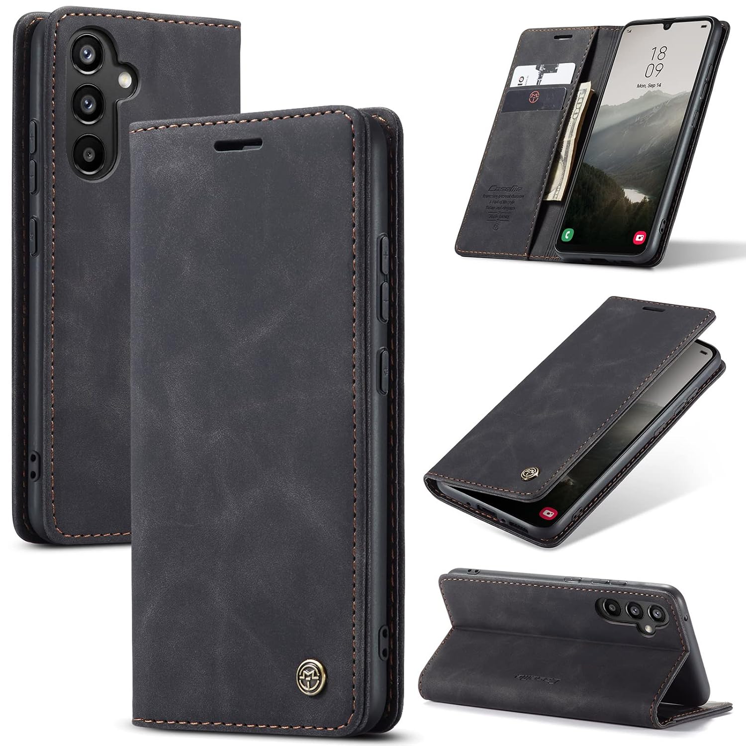 Azororo Beschermhoes voor Samsung Galaxy A34 5G, premium lederen beschermhoes, portefeuille, flip case, magneetsluiting, beschermhoes voor Samsung Galaxy A34, zwart