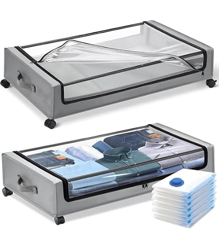 JAECU Bolsas Almacenaje Debajo De La Cama Con Ruedas (50L, Pack 2) – Organizador Plegable De Tela Oxford Con Ventana Transparente