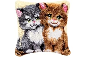 FANKXIUXI Knüpfhaken-Teppich-Set,groß,Kissenbezug, Knüpfhaken-Set,leicht zu befolgende Stickerei,Kissenbezug,Riegel,Stricken,Starter-Set,43 x 43 cm,Katze