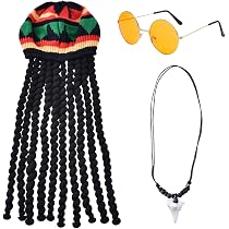 Beamely Rastafari Ensemble d'accessoires de costume 5 pièces avec chapeau dreadlock, lunettes de soleil, collier, bracelets pour carnaval, fête à thème, reggae, fête sur le thème de la Jamaïque, pour