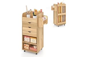COSTWAY Mobile File Cabinet, Drawer Lateral Stationery Storage Organiser Chest with 3 Drawers, 3 Shelves, 3 Slots, 2 Hanging Rods and Wheels, Home Office Printer Stand Side Filing Cupboard (Natural)