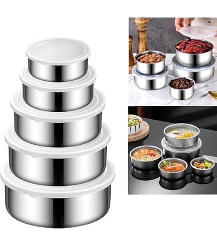 Set 6 Ciotole In Acciaio Inox Con Coperchi - Da 1.2L A 6.5L, Antiscivolo, Multifunzione Con Accessori - Foto 8