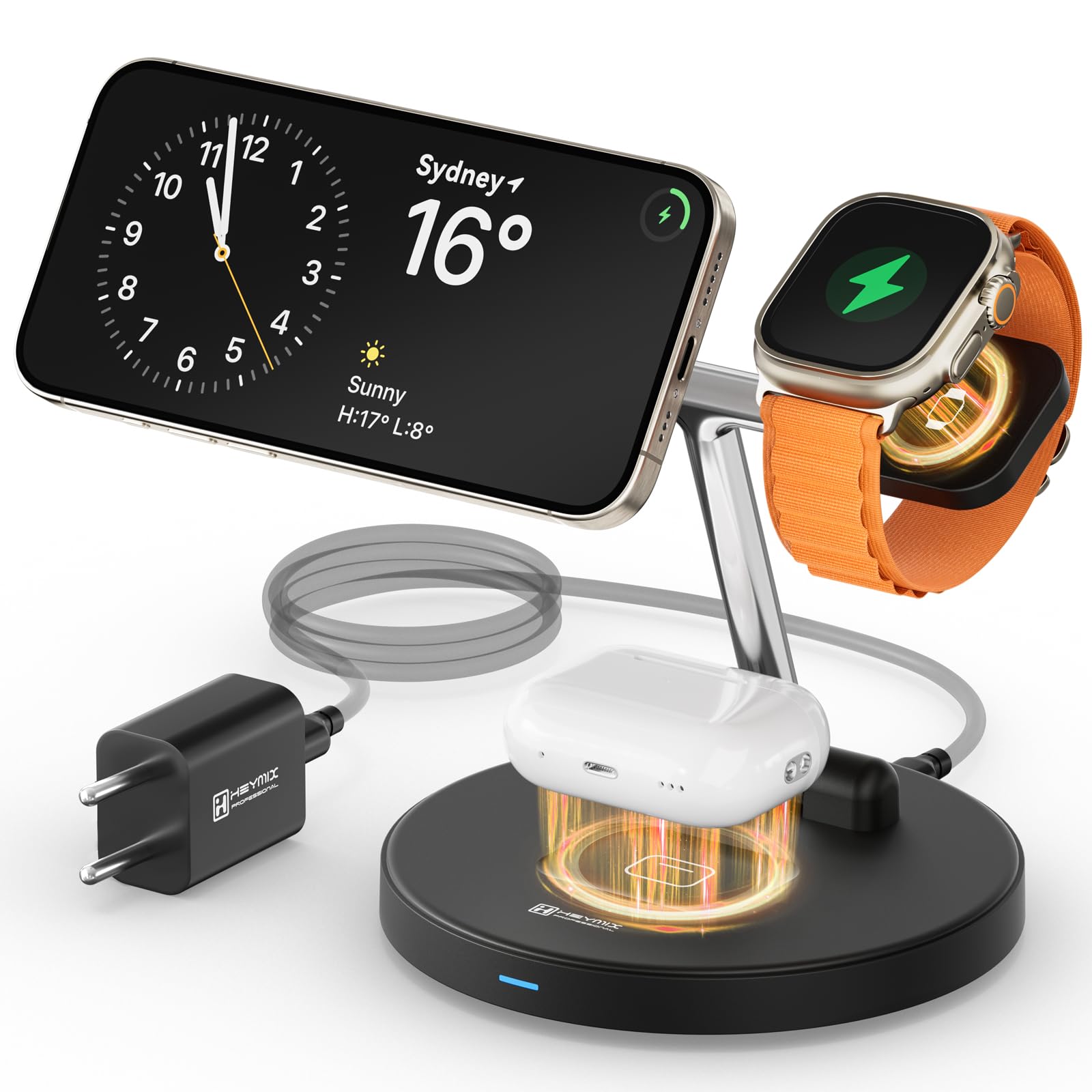 HEYMIX 3 in 1 Magsafe Wireless Charger - Fast Magsafe Charger Compatible with Apple, Magnetic 3 in 1 Wireless Charging Stand Compatible with iPhone 15/14/13/12, iWatch 8/7/SE/6/5,AirPods Pro,Samsung