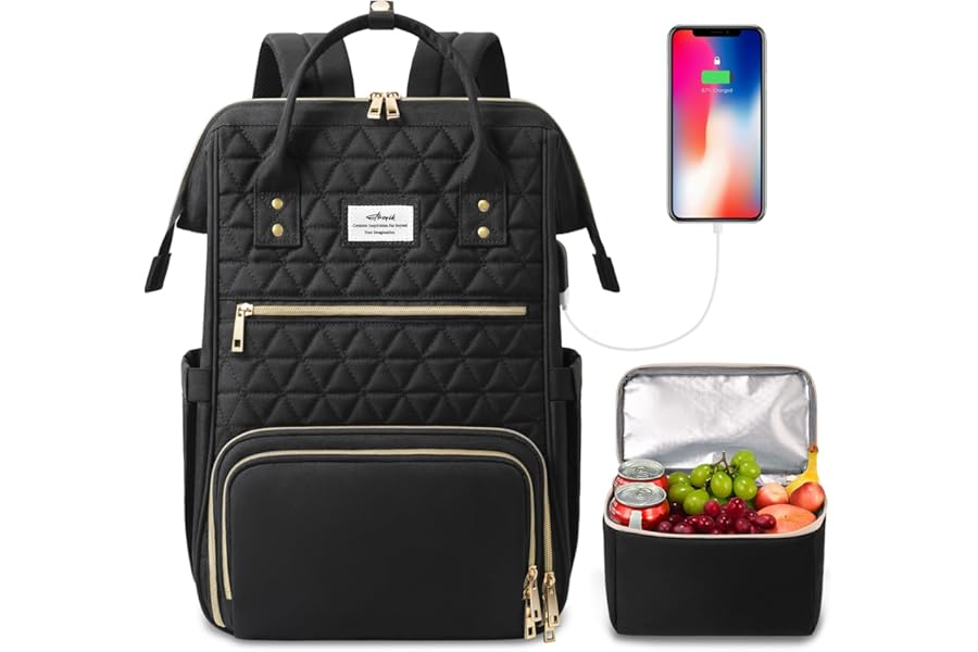 ETRONIK Laptop Lunch Backpack for Women, 15.6 inch Laptop Backpack with USB Port, Teacher Nurse Work Bag with Cooler Bag Insulated, Rucksack for Women Business Work Picnic, Gift, Black