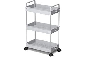 Ronlap 3 Tier Storage Trolley, Bathrrom Storage Slide Out Storage Cart with Handle Hook Lock Wheels, Trolley On Wheels for Kitchen Bathroom Laundry Room, Grey