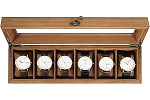 Uten Boîte à Montres 6 Compartiments, Coffret à montres en Bois, Couvercle en Verre, Coffret de Rangement pour Montres pour Hommes et Femmes, Coussinets Coton de Soie, Doublure Marron, Idée Cadeau
