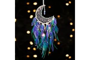 ‎DREMISLAND Dremisland Traumfänger mit LED Licht Handgefertigt Mond Dreamcatcher mit Federn Boho Dekoration Blau Lila Federn Wandbehang Ornament Macramé Kinderzimmer-Accessoires für Kinder Geschenk Weihnachten