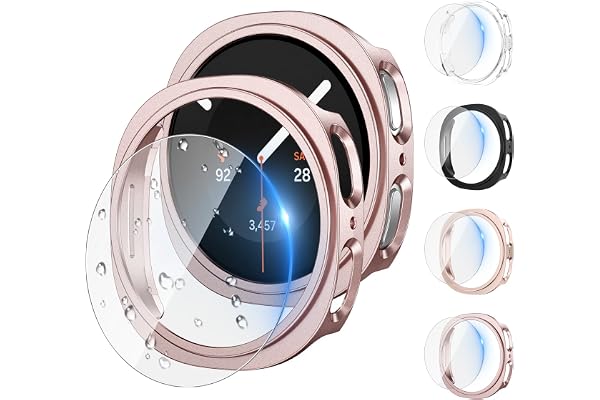 Kamita [4 + 4 delar] Fodral kompatibelt med Samsung Galaxy Watch 8 44 mm, 4 skärmskydd i härdat glas + 4 hårda PC-bumper-fodral, stötsäkert skyddsfodral för Samsung Watch 8 44 (klar + svart +