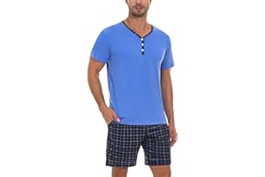 Irdcomps Piżama męska lato bawełna zestaw z krótkim rękawem miękkie i krótkie spodnie bielizna nocna z kieszeniami i szortami w kratę