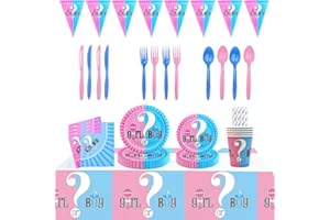 PIUMOJ Gender Reveal Partygeschirr, Boy or Girl Geschirrset, Babyparty Gender Reveal Party Pappteller, Pappbecher, Servietten, Gender Reveal Party Dekoration für Baby Shower, 16 Gäste