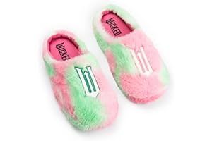 Wicked Girls Pink and Green Fluffy Mule Slippers | Indoor Lounging Footwear with 'W' Logo | Comfy Slippers for Kids | Perfect for Relaxing at Home Merch