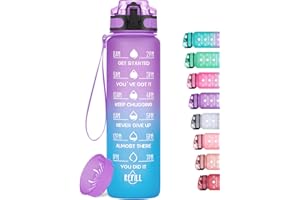 HydroPal Botella Agua, 1 Litro Botella Agua Gimnasio sin BPA con Marcador de Tiempo & Filtre, Plastico Botella de Agua Deportiva para Gym, Oficina, Escuela (Azul púrpura)