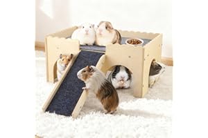 DUMENIX Large Wooden Guinea Pig House 38.5x25x18.8cm Guinea Pig Toys Hideout with Anti-slip Floor Mats Ramp Cave Stairs Small Animal House Bed Habitats for Hamsters Bunny Chinchillas Hedgehog Playing Hiding