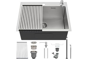 HZKSINNK Fregadero Cocina 55 x 45 cm, 1 Seno Fregadero Acero Inoxidable Cepillado, Fregadero con 2 Orificios para Grifo, Bajo Encimera o Sobre Encimera, con Desagüe de sifón y juego de rebosadero