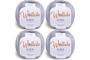 ‎WOLLIDU Wollidu Kira 100% Baumwolle zum Stricken und Häkeln 4 x 50g Set Häkelgarn Strickgarn - Hellgrau