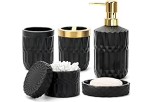 TeamSky Bathroom Accessories Set, 5PCS Glass Set, Includes Lotion Dispenser, Soap Dish, Toothbrush Holder, Tumbler and Jar, Stylish Modern Bathroom Decor (Matte black)