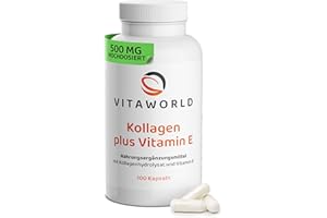 ‎VITA WORLD Kollagen mit Vitamin E Kapseln – Collagen Kapseln mit reinen 500mg Kollagen & 24mg Vitamin E pro Tag (100 Kapseln) – Collagen vom Rind – geprüft, ohne Zusätze, laktose- & glutenfrei – vitaworld