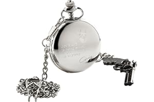 THE LUXURY VAULT Signed John Wayne Pocket Watch and Revolver Gun Keychain Keyring Set in Wooden Gift Box