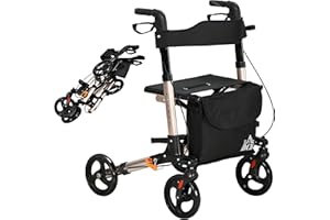 HOMCOM 4 Wheel Rollator with Seat and Back, Folding Mobility Walker with Carry Bag, Adjustable Height, Dual Brakes, Cane Holder, Lightweight Aluminium Walking Frame for Seniors and Disabled, Gold Tone