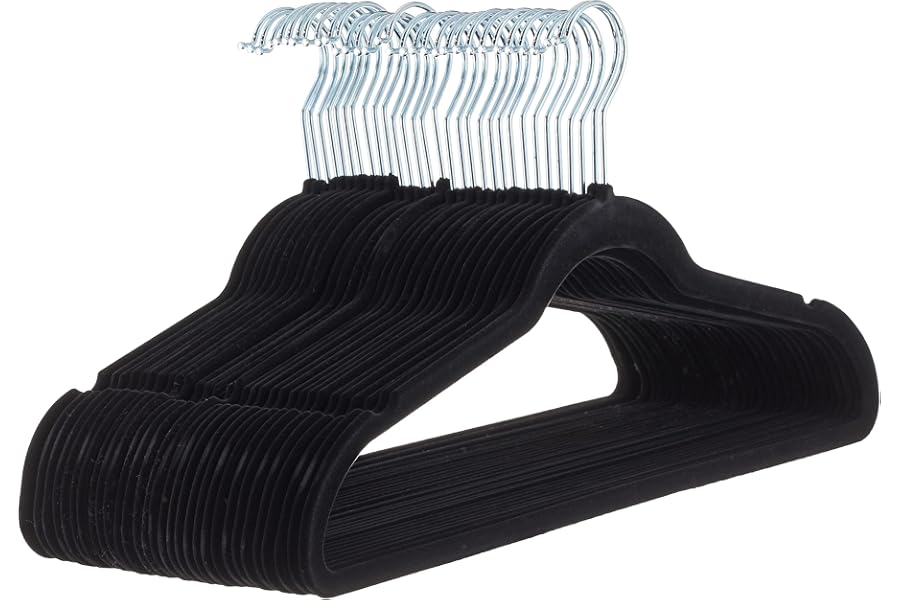 Amazon Basics Slim Velvet Non-Slip Suit Hangers - 30-Pack, Black/Silver