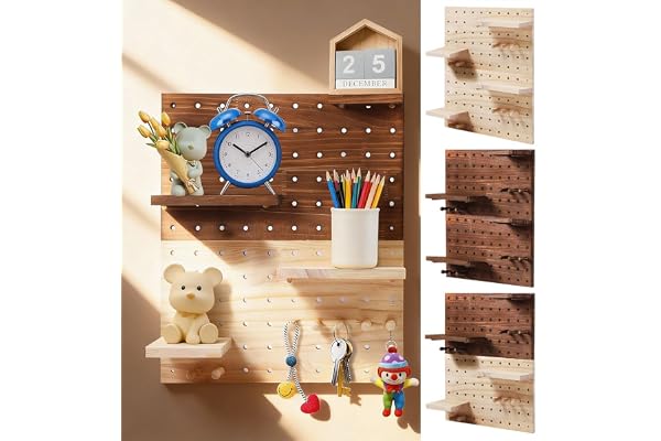 Pegboard hålvägg av trä vägg komplett set, Ø 8 mm, avstånd 30 mm, modulär för upphängning för väggarrangör, pysselorganisation, ornamentutställning, 90 x 20 cm marshall nyckelkrok (manska)