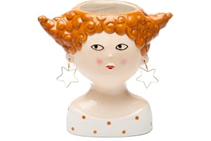 Baroni Home Vaso in Ceramica di Design con Volto, Soprammobile Moderno Dipinto a Mano, Vaso per piante da Interno o Esterno, Capelli Rossi, 21X13X20 cm