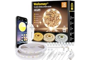Wefomey Ruban LED 20M Blanc Chaud Dimmable 2700K-6500K LED Blanc Chaud avec Alimentation et Télécommande, Ruban Flexible Strip Bande Lumineuse pour Chambre, Cuisine, Décoration de la Maison