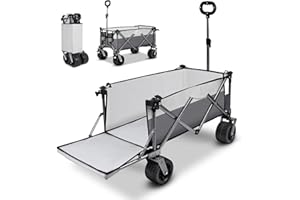 FEAHRZEUG Folding Beach Trolley Cart with Rear Opening, Collapsible All Terrain Wide Wheels With Brakes Heavy Duty Adjustable Handle Camping Festival Wagon For Sand Beach Transportation (Grey)