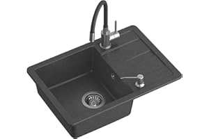 VBChome Fregadero de cocina de granito 62x44 cm negro jaspeado, rectangular, montado sobre encimera en conjunto con menaje de cocina - caño flexible + sifón para el fregadero + dosificador de líquido