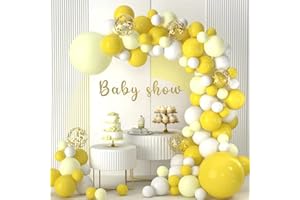 AIOZX Kit de guirlande de ballons jaunes, 102 ballons à confettis jaune pastel, blanc doré avec 45cm + 30cm + 25cm + 12cm pour tournesol miel abeille anniversaire fête prénatale révélation du sexe