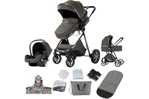 Prokoke Kinderwagen 3 in 1, Kinderwagen Set Einem Klick Faltbar, Kombikinderwagen 3 in 1 mit Umkehrbarem Zwei-Wege-Schub, Buggy Rahmen Aluminiumlegierung Baby Kleinkind Neugeborene (225 Deep Grey)