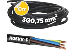 Kalitec H05VV-F - Cable de manguera (10 m, 3 x 0,75 mm², cable de alimentación 3G0,75 mm², con conductor de protección, cable de PVC para interiores, cable eléctrico negro, cable de lámpara flexible,