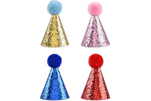 BFUZXY Lot de 4 chapeaux d'anniversaire pour chien - Avec pompons et paillettes - Chapeau d'anniversaire, décoration d'anniversaire pour chien avec nœuds papillon scintillants et corde réglable - Idéal pour