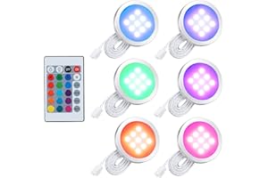 Lixada Zestaw 6 lampek LED RGB LED do szafki, zestaw instalacyjny z pilotem zdalnego sterowania, do szafki na książki, szafki, cienki, okrągły kształt, lampa podszafkowa, zmiana koloru, możliwość ściemniania, regulacja jasności