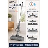 Kelebek Mop Kendinden Sıkmalı PVA S&uuml;nger Mop 124 cm &Ccedil;elik Saplı Yer Silme ve Zemin Temizlik Mopu Kıl T&uuml;y Toz Toplayan Temizli