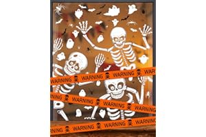 Wohohoho 10 Sheets Halloween Window Clings with 5M Caution Tape, Halloween Decorations Extra Large Skeleton Ghost Bat Spider Window Decals for Glass, Halloween Stickers for School Home Office Party