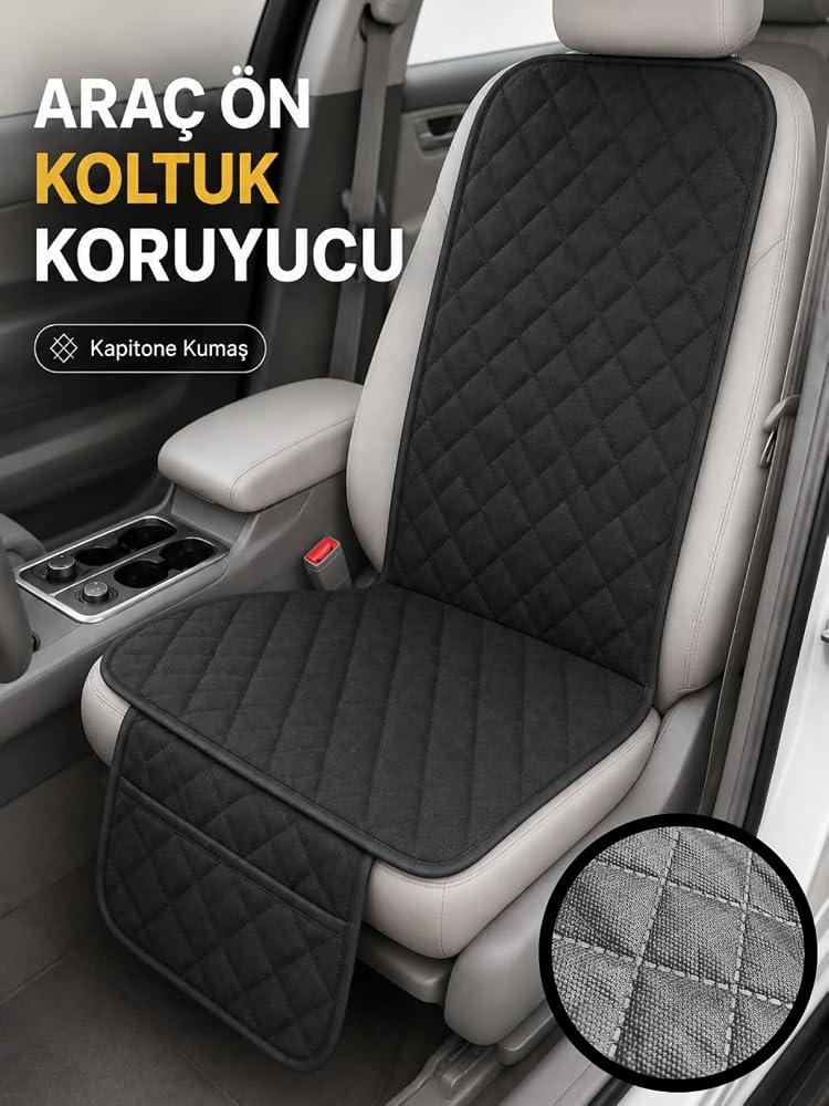 Beylini 2 Adet Oto Ön Koltuk Minderi Koltuk Kılıfı Cepli Lastikli Su Geçirmez Yıkanabilir Kapitone Kumaş Terletmez Universal Çocuk Kedi Köpek Kir Önleyici Kaymaz Set