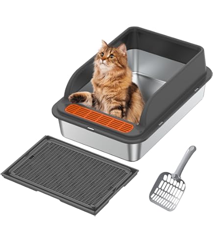 Kattenbak XXL, open, met zelfreinigende schep van roestvrij staal, hoge rand, weerbestendig, zwart, modern