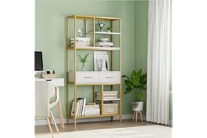 HOCSOK Librería de 5 Niveles, Estanterias para Libros con 2 Cajones, Mueble de Almacenamiento Independiente para Estudio, Salón, Oficina, Madera, 90 x 30 x 180 cm, (Blanco + Dorado)