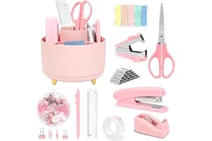 HEBAOGUGU Office Stationary Set, Pink Stationary Supplies with Pen Pot, Stapler & Staple Set, Tape Dispenser, Scissor, Color Tabs, Ruler, Pen, Practical Office Accessories for Women, Teachers, Kids