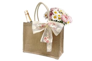 fuxunamz Juteväska, tygväska, juteväska med handtag, liten tygväska, handshoppingväskor med rosett, present till kollegor, lä