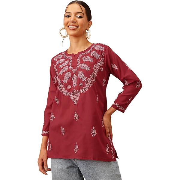 Ada Camicia da donna in cotone top tunica indiana ricamo a mano