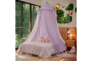 Eimilaly Princess Bed Canopy for Girls, Double Layer Canopy with Cutout Stars, Breathable Dream Canopy & Washable Purple Fabric, Fits Twin/Full Bed - Fairy Bed Tent for Kids Room Decor, Purple