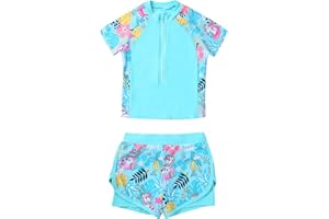 Mufeng Enfant Fille Maillot de Bain Anti UV 2 Pièces Tankini Florale Haut Manche Courte T-Shirt de Bain et Shorty Sport Eté Ensemble de Plage Natation Rash Guard 3-12 Ans