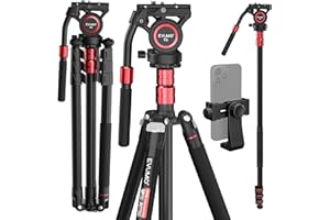 EVUMO 200cm Video-Tripod-Fluid-Head-Tripod, Overhead-Heavy-Duty-Tripod-Camera With Telescopic Handle, Compatible With Manfrotto, Arca-Swiss, DSLR Video Camera-Tripod Convertible To Monopod, Load 12kg