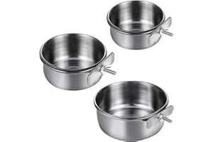 Firtink 3-Piece Bird Feeding Dish Set, Stainless Steel Parrot Feeding Cups with Clamp Holder for Bird Cage (S/M/L)