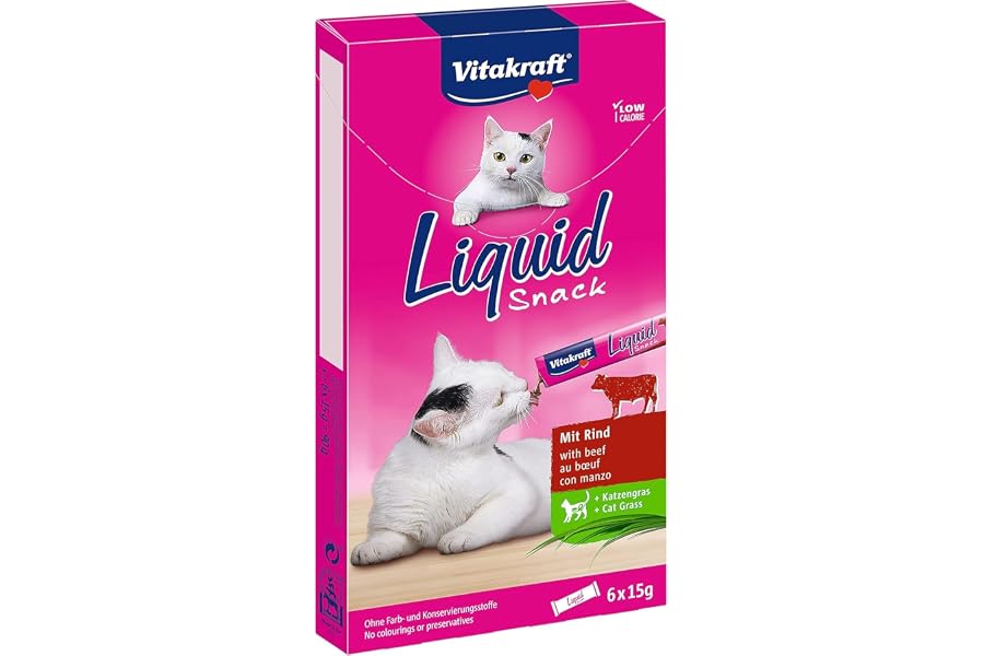 VITAKRAFT- Liquid Snack, Friandise Liquide pour Chat, Au Bœuf Et À L’Herbe À Chat, en Sachets Individuels, pour Une Flore Int